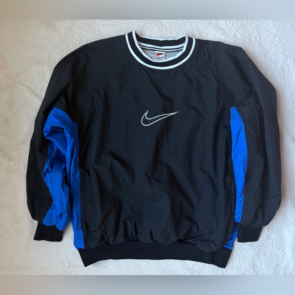 Vintage 90s Nike Men’s Black & Blue Swishy Windbreaker Pullover Jacket Men Large